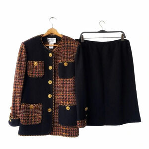 Vtg ADOLFO New York Boucle Skirt Suits Women’s 14 Color Block Gold Button USA